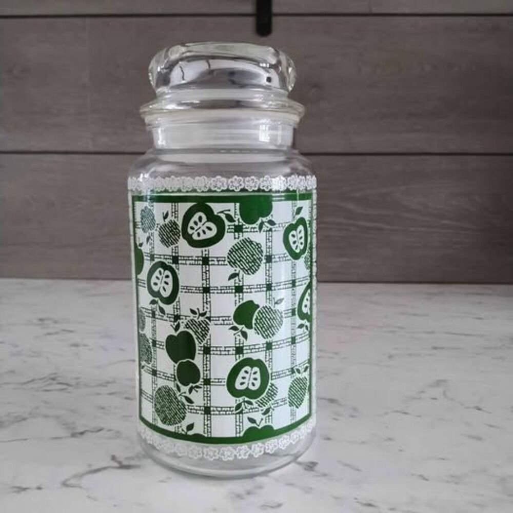 Vintage Green Apple Gingham Glass Storage Jar Sealed Lid  7"